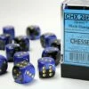 CHESSEX DICE - 16MM D6 (12) GEMINI BLACK-BLUE/GOLD -Toy Shop 10208
