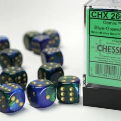 CHESSEX DICE - 16MM D6 (12) GEMINI BLUE-GREEN/GOLD