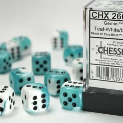 CHESSEX DICE - 16MM D6 (12) GEMINI TEAL-WHITE/BLACK