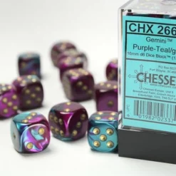 CHESSEX DICE - 16MM D6 (12) GEMINI PURPLE-TEAL/GOLD