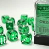 CHESSEX DICE - 16MM D6 (12) TRANSLUCENT GREEN/WHITE -Toy Shop 9804
