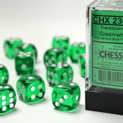CHESSEX DICE - 16MM D6 (12) TRANSLUCENT GREEN/WHITE