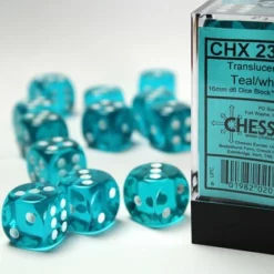 CHESSEX DICE - 16MM D6 (12) TRANSLUCENT TEAL/WHITE